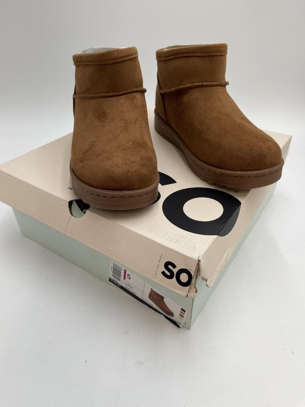 SO Lupita Boots Womens Brown Faux Suede Ankle Shearling Lined Pull On Size 5